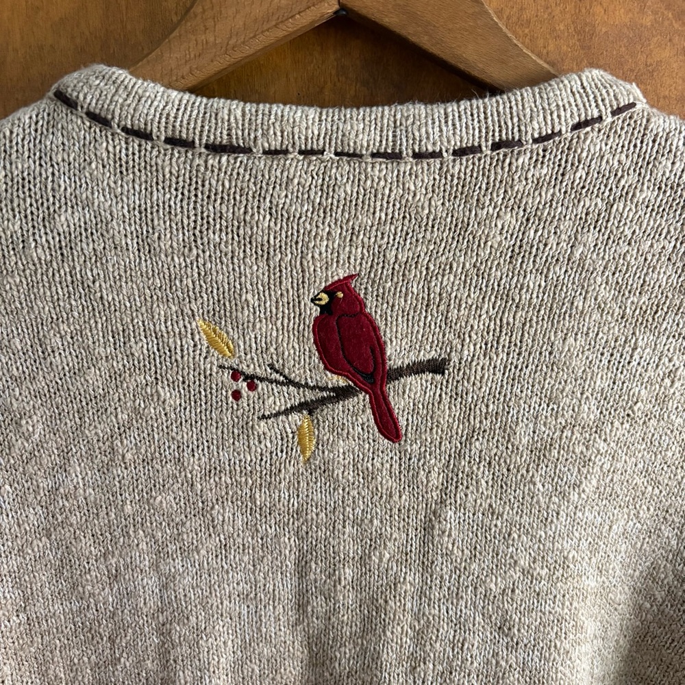 VINTAGE Embroidered Bird Oatmeal Button Down Cardigan Sweater 1X Slouchy Artsy - Picture 8 of 14